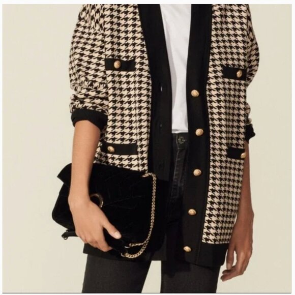 Sandro Houndstooth long cardigan sweater jacket - Medium or 6/8 - Picture 1 of 8